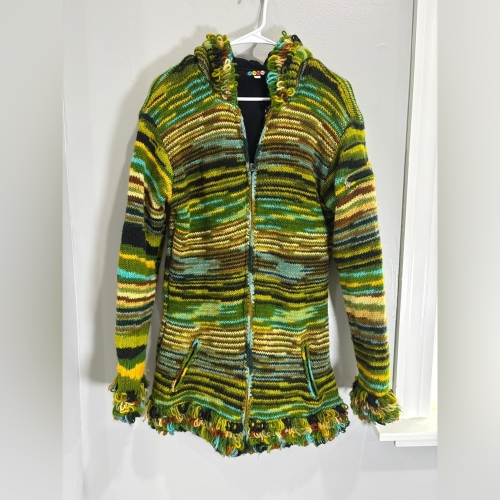 100% Wool Jacket Chunky Pixie Hood Knit Unisex Boho Fleece Lined Warm Cardigan